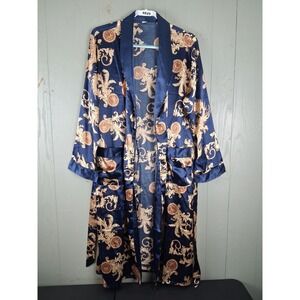 Satin Robe Blue & Gold Baroque Print Belted Pockets Mens Large Dressing Gown